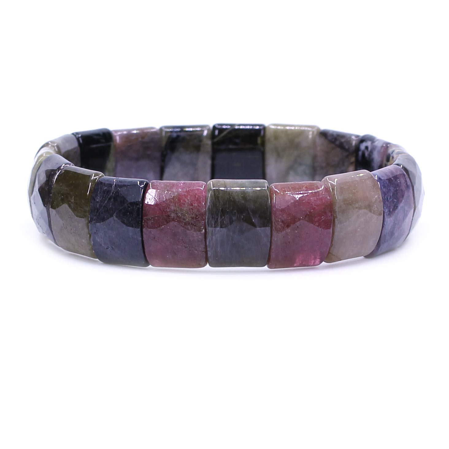 CHENYUE Natural Multicolor Tourmaline Gem Semi Precious Gemstone 15mm Faceted Square Grain Beads Stretch Bracelet 7.5 Inch