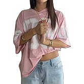 Football Jersey Shirts for Women Y2k Graphic Number T Shirts Oversized V Neck Half Sleeve Tops Streetwear
