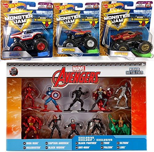 Monster Avengers Marvel Jam Truck Collection Spider-Man / Iron Man & Captain America + Mini Nano Metal Figures Thor - Black Panther - Ant-Man 10 Pack