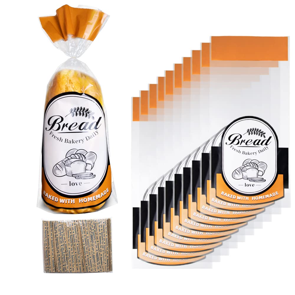 LESIBAG Bread Bags for Homemade Bread or Bakery, 100 Packs Plastic Bread Bags to Keep Bread Fresh, Printed Loaf Bag with Ties - 18 * 8 * 3 inch (Orange)