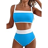 Herseas Women's Two Tone Patchwork Bikini Sets U Neck Swimsuit High Waisted Bathing Suit