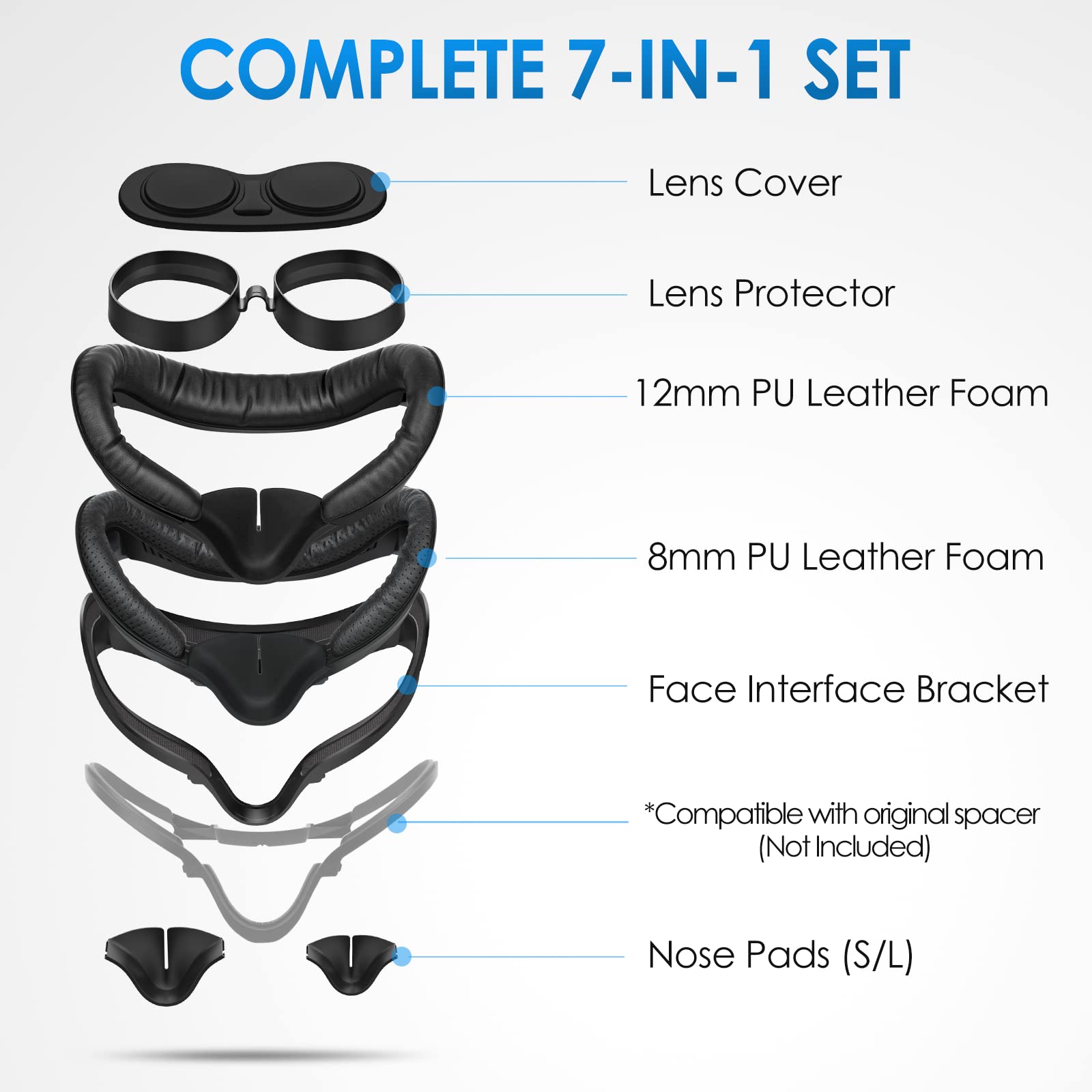 SUPERUS Facial Interface for Oculus/Meta Quest 2 Accessories (Upgraded Version), with 2 PCS Face Cover Foam Pad Replacements, Anti-Light Nose Pad (L/S), Lens Protector, Glasses Spacer (7-in-1 Kit)