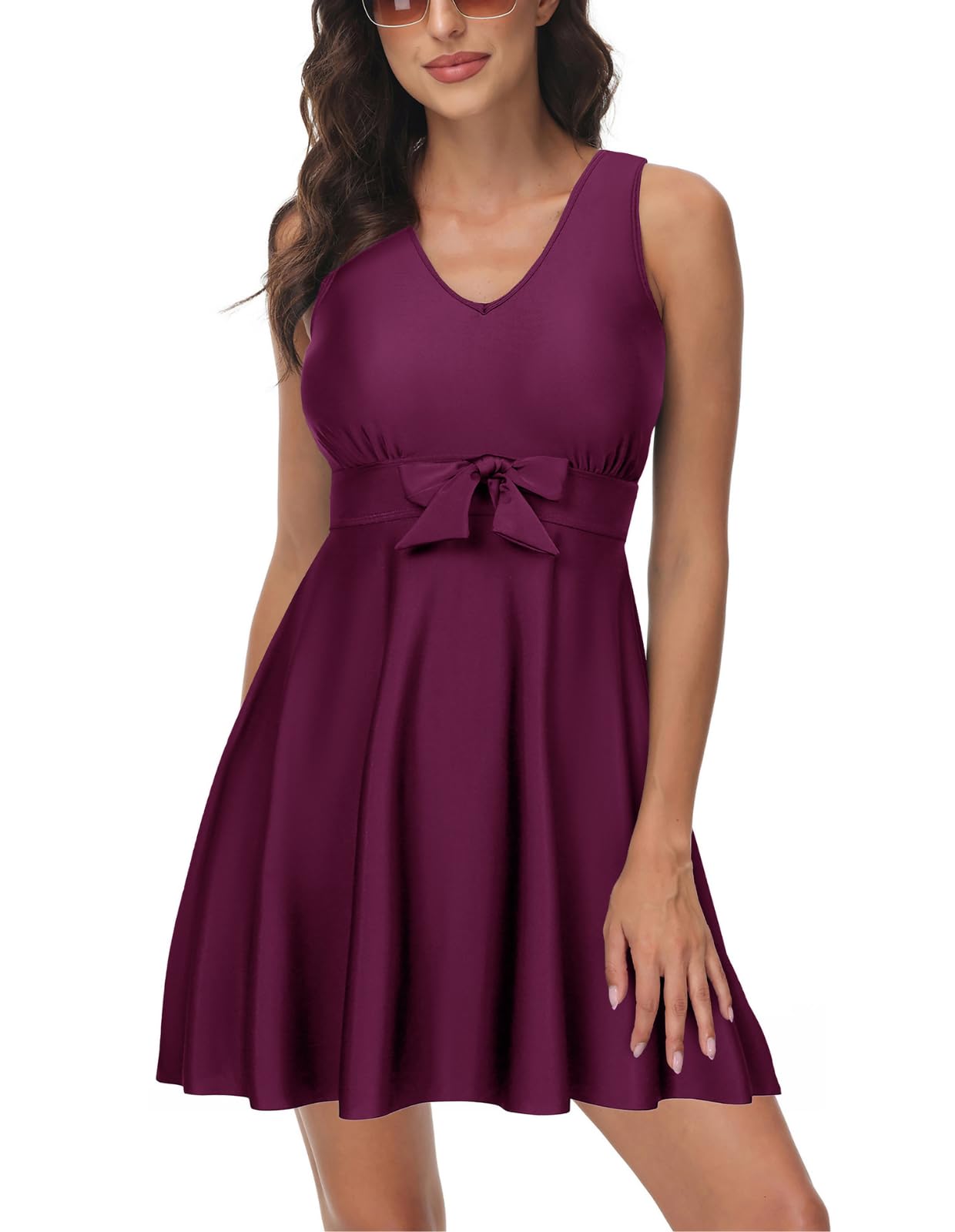 Photo 1 of Kate Kasin Women's Two Piece Swimdress Tummy Control Back Cross Flowy Swimwear Bathing Suits with Boyshorts Swimsuits Wine Red