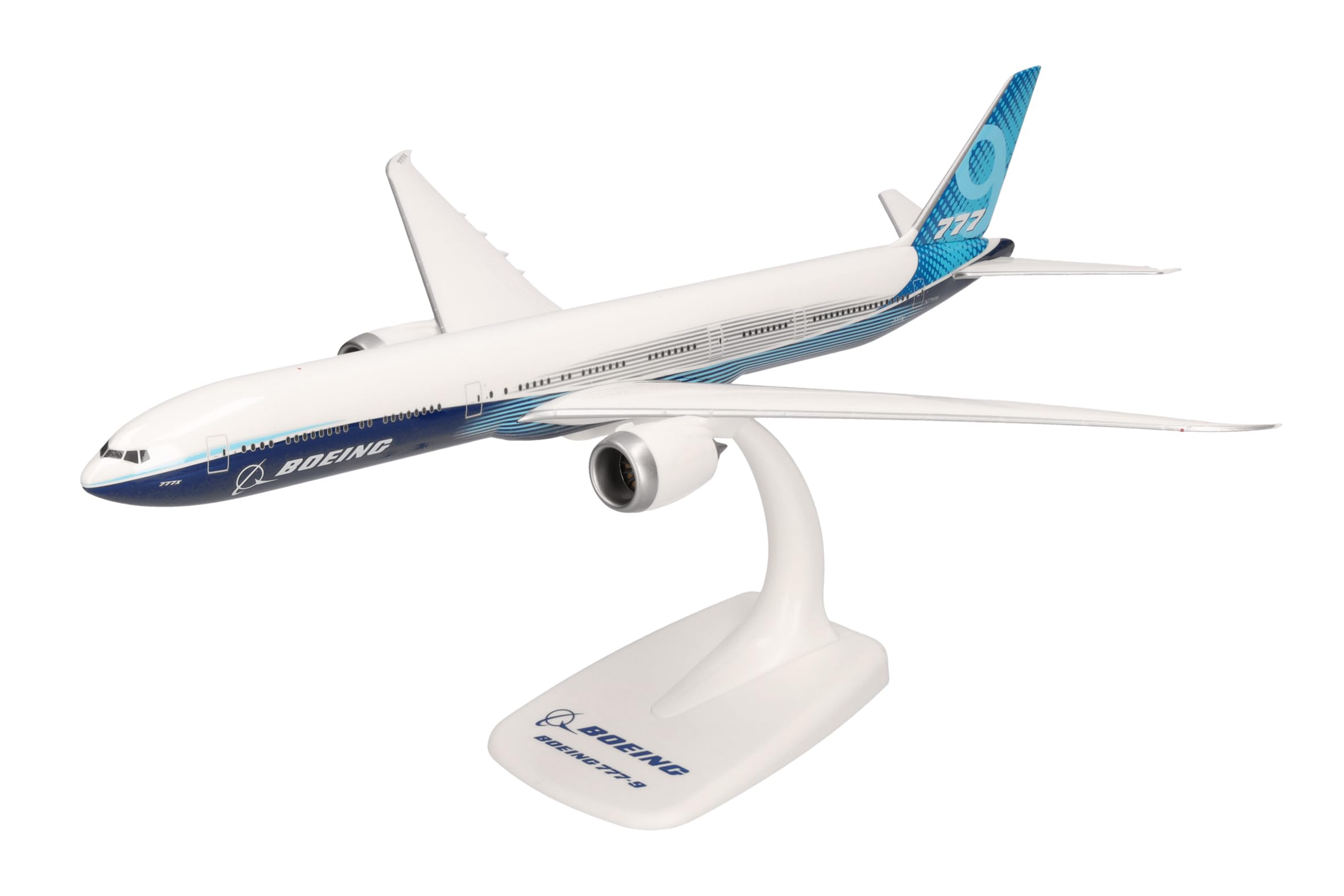 Herpa Snap-Fit airplane model Boeing 777-9 – N779XW on scale of 1:200, plastic miniature with pedastal, model building, collectors edition