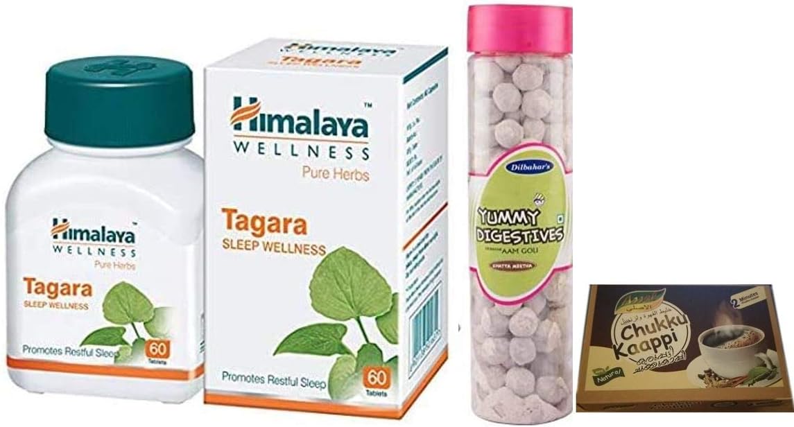 Himalaya Wellness Tagara (Valerian) Sleep Wellness - 60 Tablets, With Free Dilbahars Yummy Digestives Aam Goli 90gm & Assal Dry Sukku Kaapi Powder - 100g