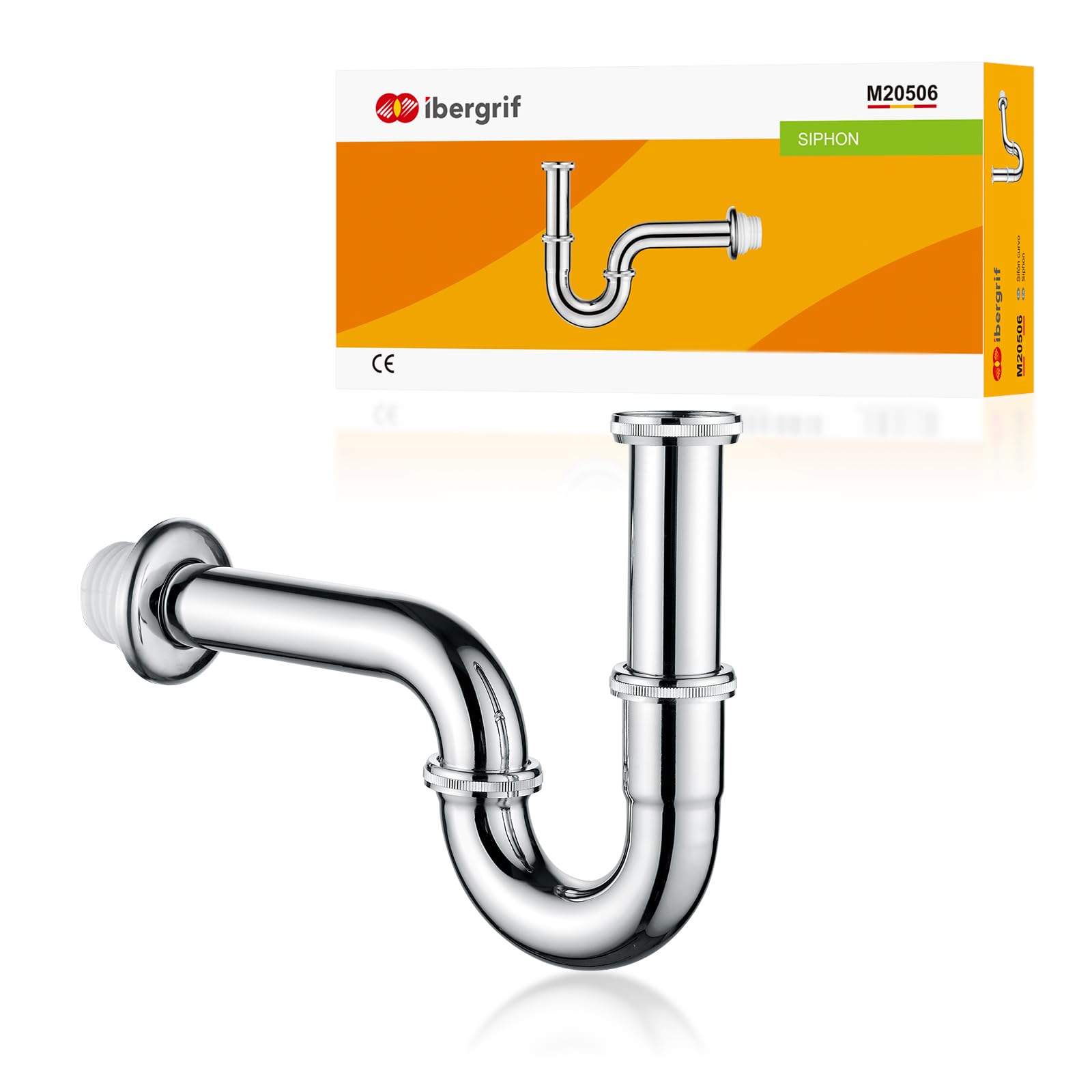 Ibergrif M20506 P Trap 1 1/4", Universal Tubular Siphon, Brass Universal Sink Waste Traps with Extra Long Extension Tube and Wall Pipe for Washbasin