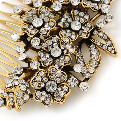 Vintage Inspired Clear Austrian Crystal 'Flowers' Side Hair Comb In Antique Gold Tone - 95mm
