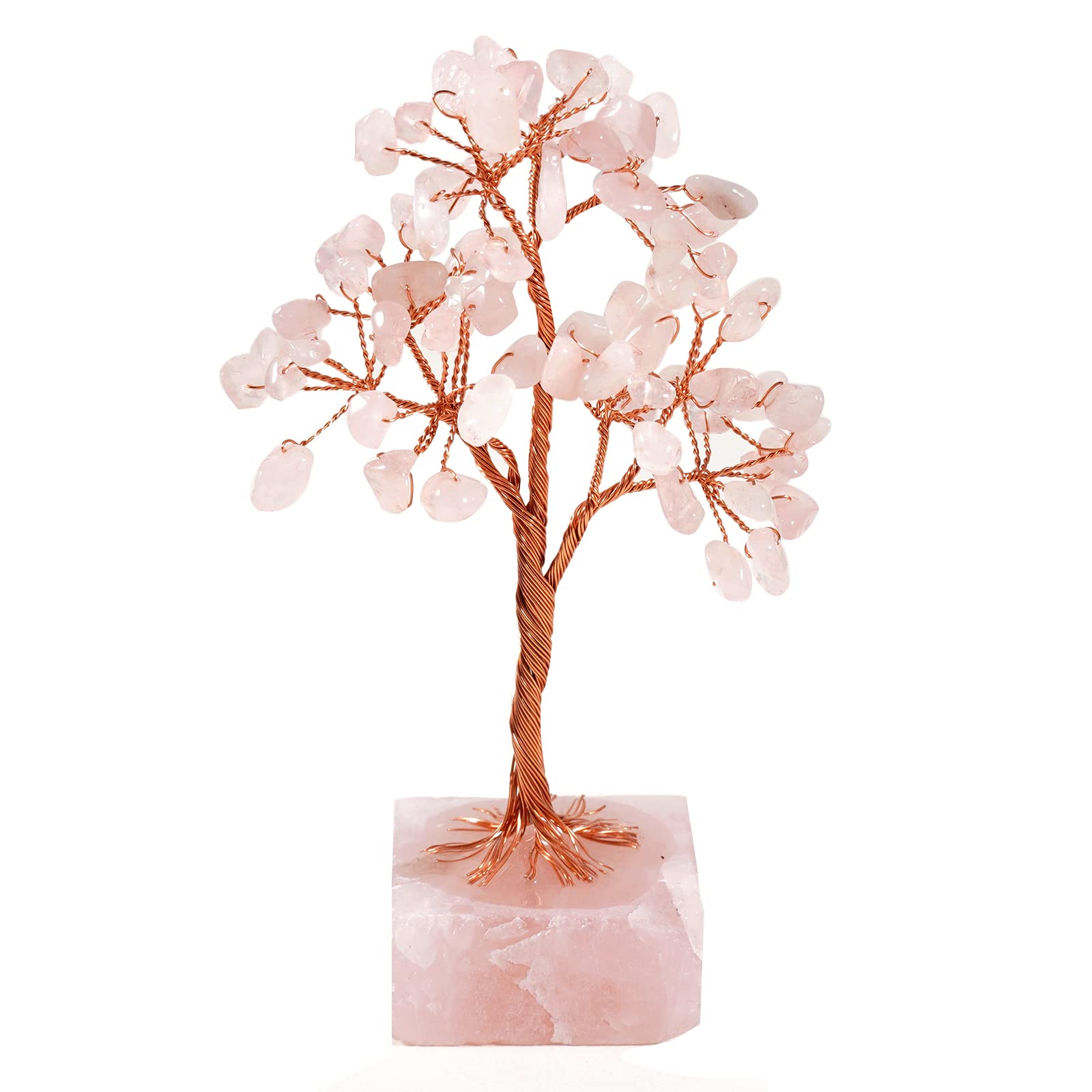 soulnioi Healing Crystal Natural Rose Quartz Crystal Crushed Stone Wired Wrapped Life of Tree Mini Money Tree Pink Crystal Base for Luck Wealth Home Decoration Gift