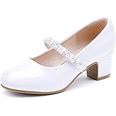 LAURMOSA Flower Girl Shoes Kids High Heels Mary Jane Flats Cute Pearl Rhinestones Girls Dress Pumps Shoes for Church Wedding Party Little Big Kids