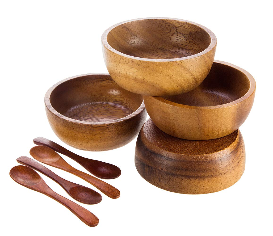 BestySuperStore Small Round Wood Bowls 4 Pcs 3¾" Diameter 1½" High Stackable Acacia Wooden Bowl Set with 4 spoons for serving salad salsa dip sauce snack cereal fruit Decor Tableware Side Dish Sets - Image 5