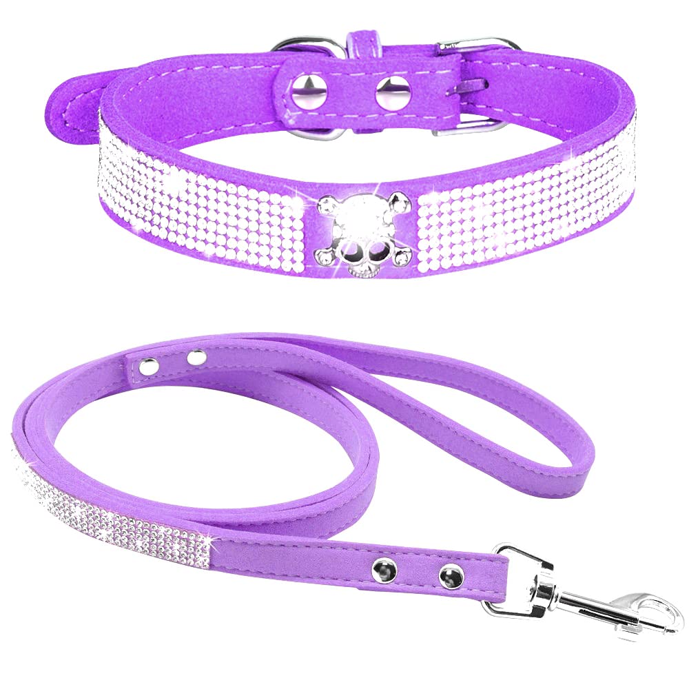 haoyueer Rhinestone Dog Collar, Cute Dazzling Sparkling Soft Suede Leather Dog Cat Rhinestone Collar Leash Crystal Diamond Pet Dog Puppy Collar (XS, Purple-5)