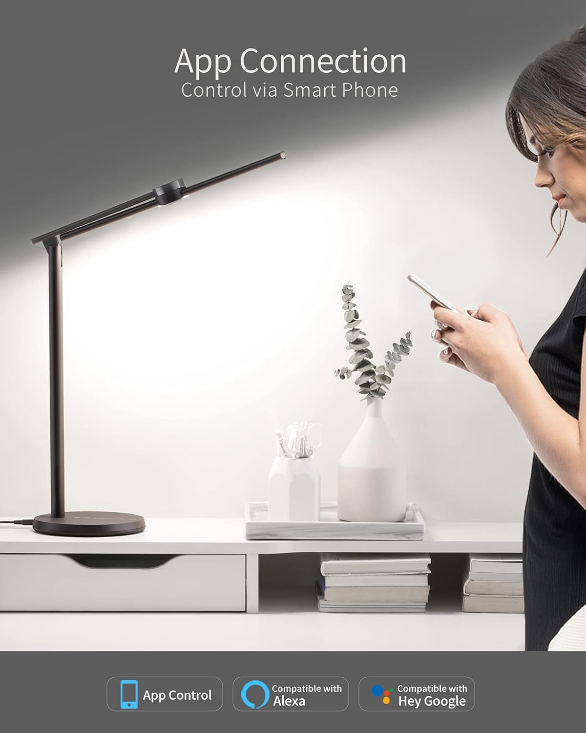 EZVALO Smart LED Desk Lamp Eye-Caring Table Lamps with Motion Sensor Detector, Professional Ai Intelligent Dimmer Desk Light for Reading, Studying, Home Office (Black) - - 