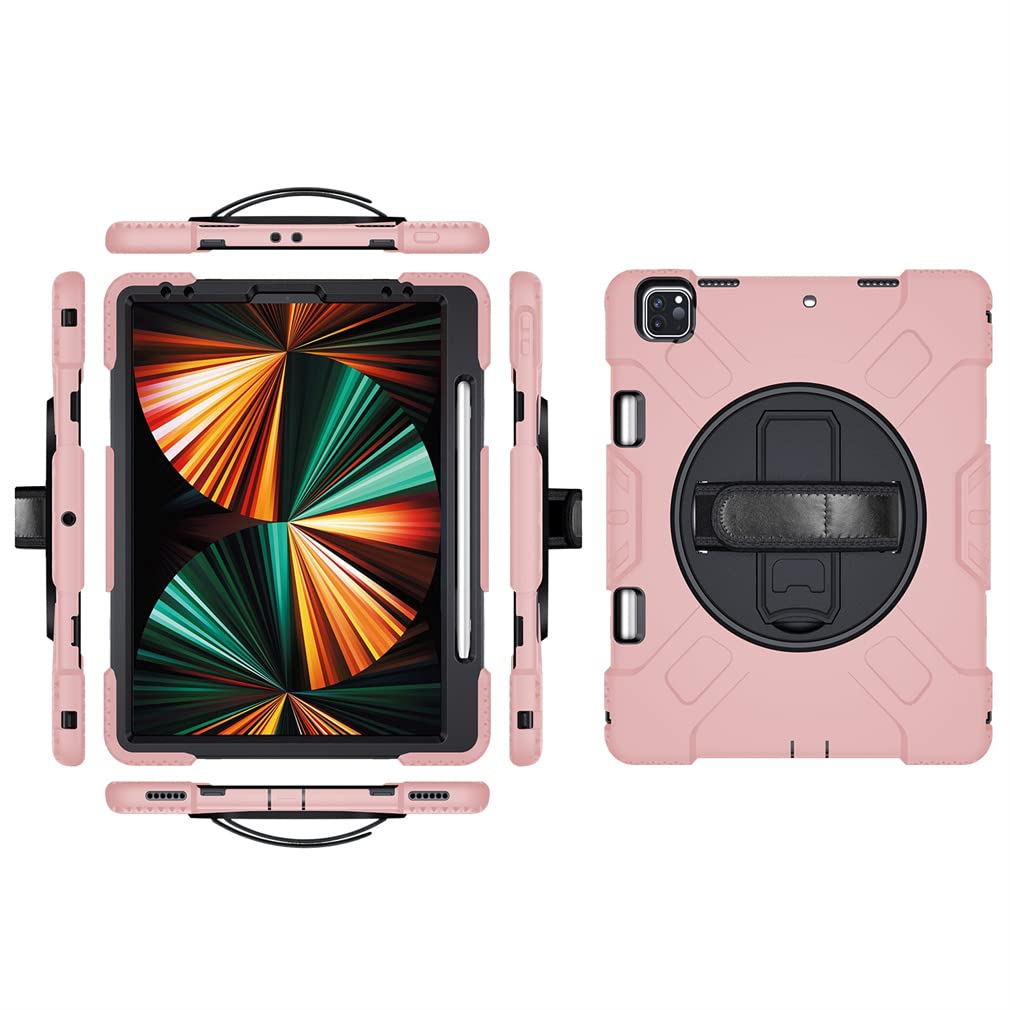 Case for iPad Pro 12.9 Inch 2022/2021/ 2020/2018(6th/ 5th/ 4th/ 3rd Generation) with Pencil Holder, Robust Protective Case with 360° Rotatable Kickstand and Hand Strap, Rose Gold