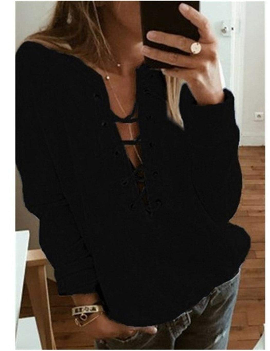 XioNiu Women Long Sleeve Sweatshirt Solid Casual O-Neck Lace-up Tops Fashion Sweatshirts Black
