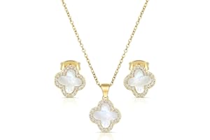 Four Leaf Crystal Clover Necklace Earring Set for Women 18K Gold Plated Stainless Steel Cubic Zirconia Pendant 4 Leaf Lucky E