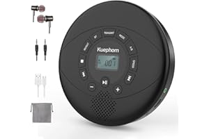 CD Player Portable, Rechargeable Portable Bluetooth CD Player, KUEPHOM CD Walkman with Headphones, Anti-Skip Disc CD Player for Car, Home, Travel with Built-in Speakers, Support USB AUX Input, Black