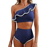 Herseas Women's One Shoulder Bikini Sets Color Block Trim Ruffle Hem Swimsuits Elegant Bathing Suits