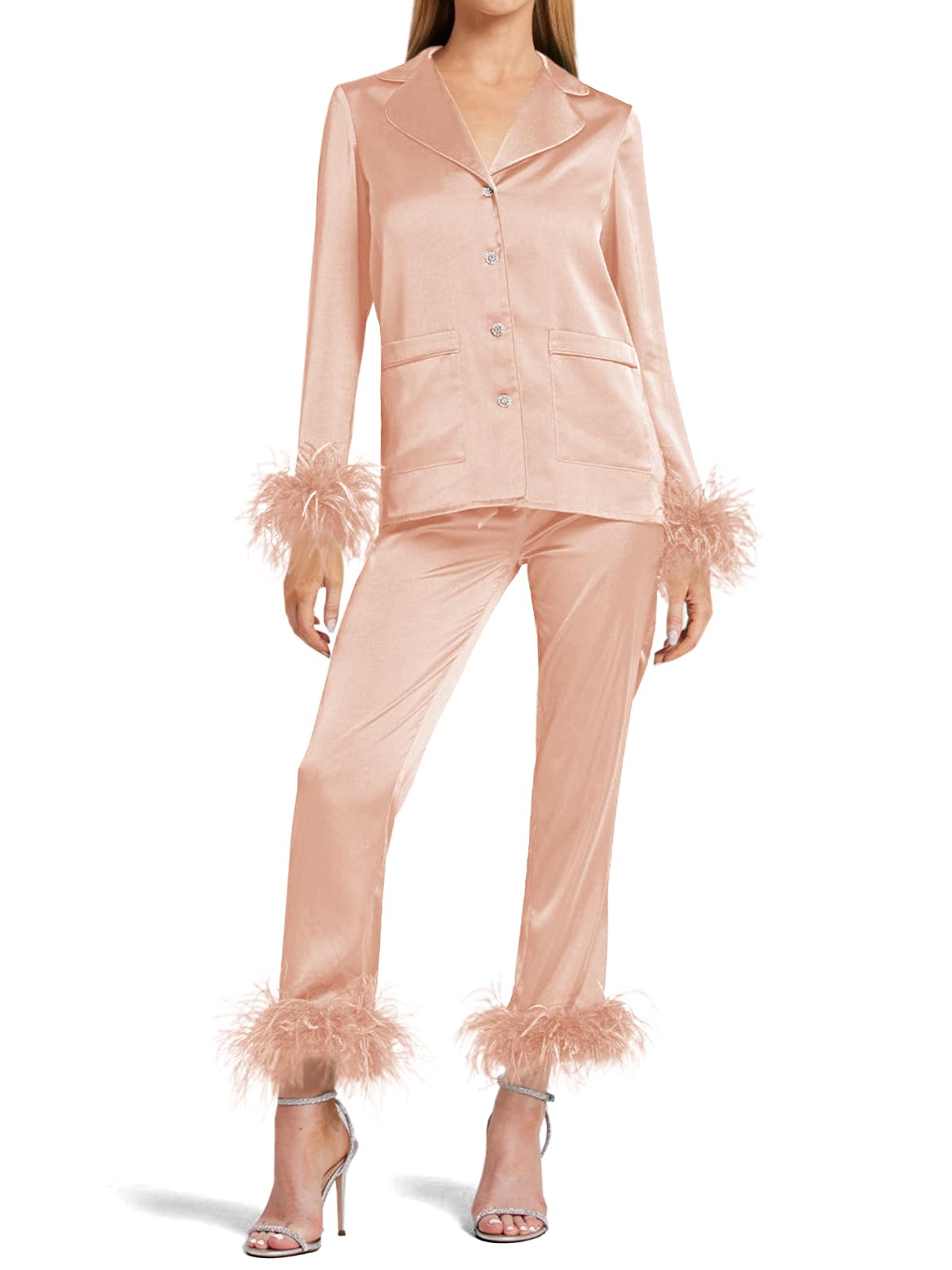 Photo 1 of Women's Silk Satin Pajama Set Feather Trim Bridesmaid Long Sleeve Pocketed Lounge Sets Sleepwear (Removable Feather) Pink