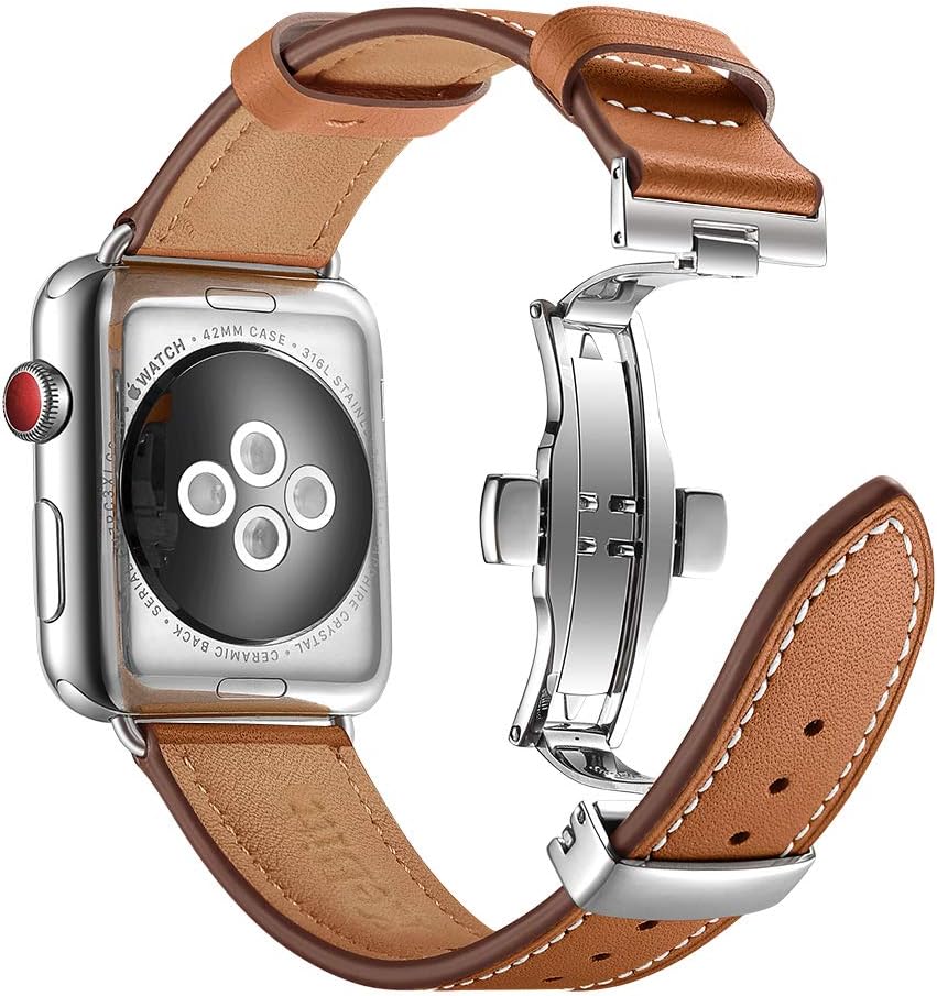 KeBitt Women Men Watch Band Compatible with Apple Watch Series 4 3 2 1, Wear Genuine Leather iWatch 4 Bands Double Needle Metal Butterfly Buckle Folding Stainless Steel Connector (Brown, 42/44mm)