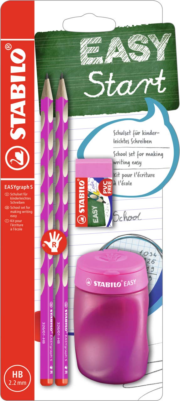 STABILO Handwriting Pencil EASYgraph S School Set - Right-Handed - Pencil x 2 + EASYsharpener + EASYeraser - pink