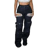 Vakkest Women's Rhinestone Cargo Jeans High Waisted Ripped Distressed Wide Leg Stretchy Denim Pants with Flap Pockets