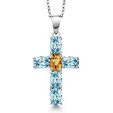 Gem Stone King 925 Sterling Silver Blue Zircon and Yellow Sapphire Cross Pendant Necklace for Women | 3.87 Cttw | Gemstone Birthstone | Oval 6X4MM | With 18 Inch Chain