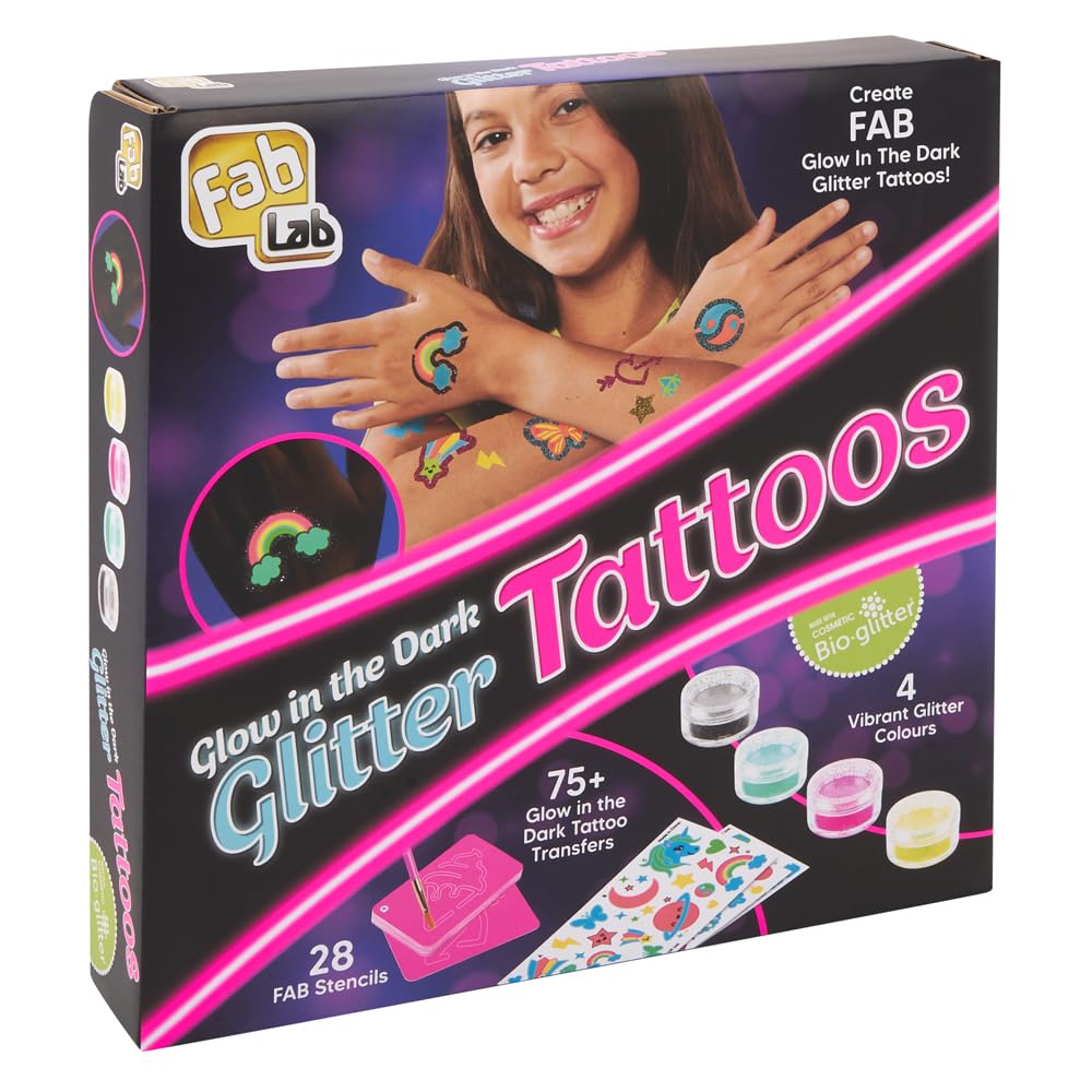 FabLab Glow in the Dark Glitter Tattoos | Create FAB Neon Kids Tattoos! | Includes 28 Stencils, 75+ Transfers & 4 Colours of Bio-Glitter | Girls Gifts for Ages 8+