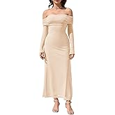 KUTUMAI Women Off Shoulder Bodycon Maxi Dress Long Sleeve Mesh Ruched Party Formal Wedding Guest Dresses