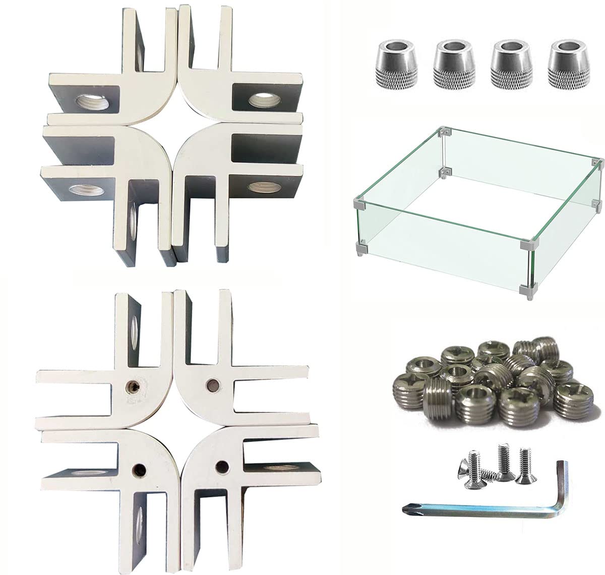 Docuuleuy Fire Pit Glass Clamp,8Pcs DIY Flame Guard Corner Hardware, Tempered Glass Connector Kit,Fire Pit Flame Wind Glass Guard Parts for Rectangle Glass Wind Guard Fire Pit Burner Pans Rectangle