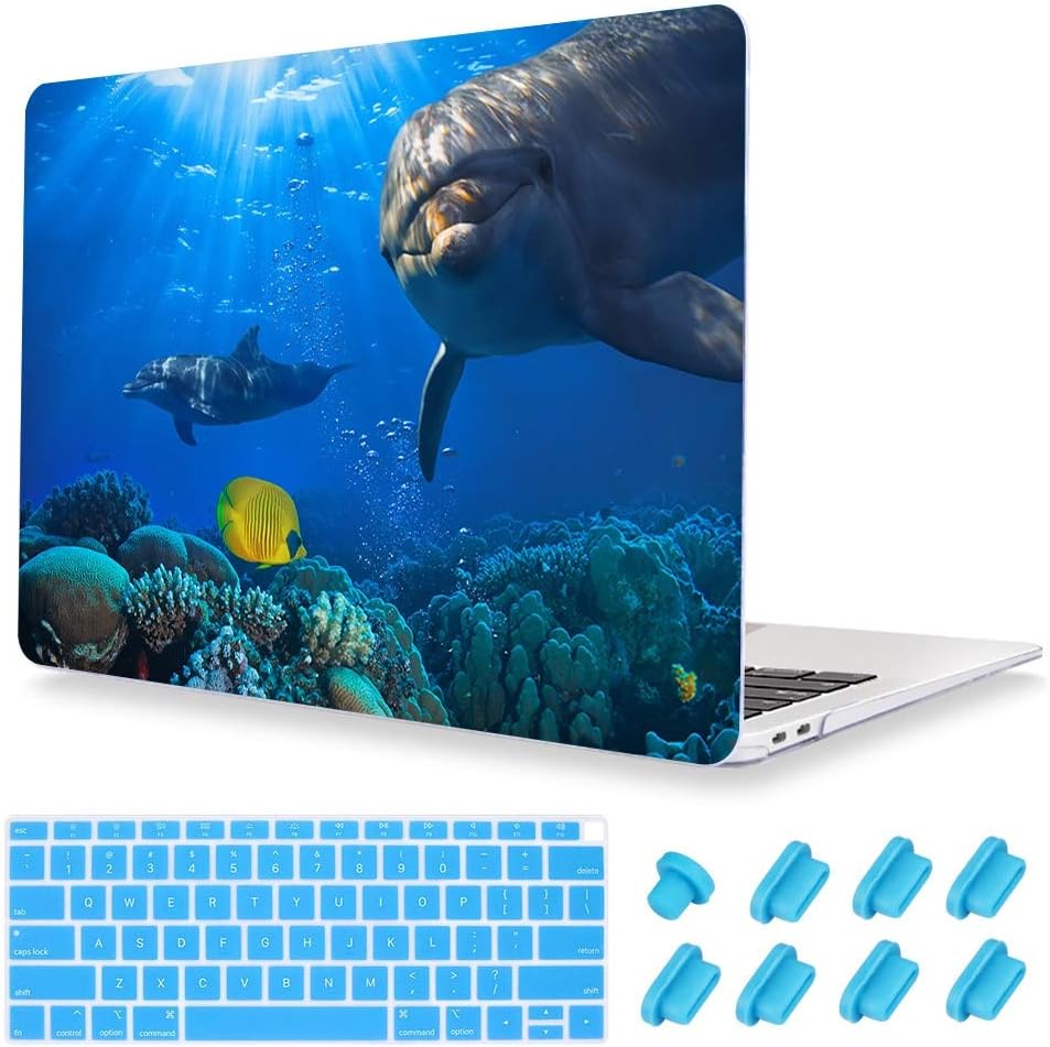 Undersea World Fashion Image Rubberized Clear Laptop case + Keyboard Skin + Dust Plug for MacBook Air 12 Retina (Model:A1534) - Ocean Dolphins …
