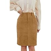 HERBATOMIA Women's Faux Suede Knee Length Skirt High Waisted Bodycon Fall Winter Zipper Trendy Skirts for Women with Pockets