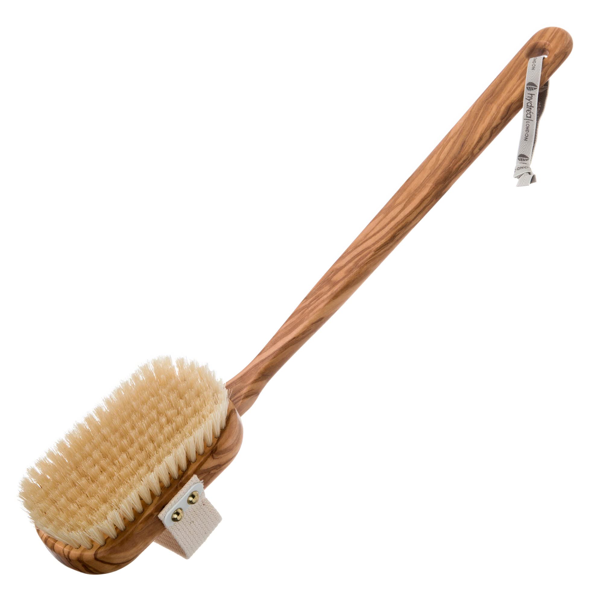 Hydréa London Olive Wood Bath and Body Brush with Natural Bristle - Detachable Long Handle. Exfoliate Dead Skin + aid Lymphatic Drainage for Radiant Skin.