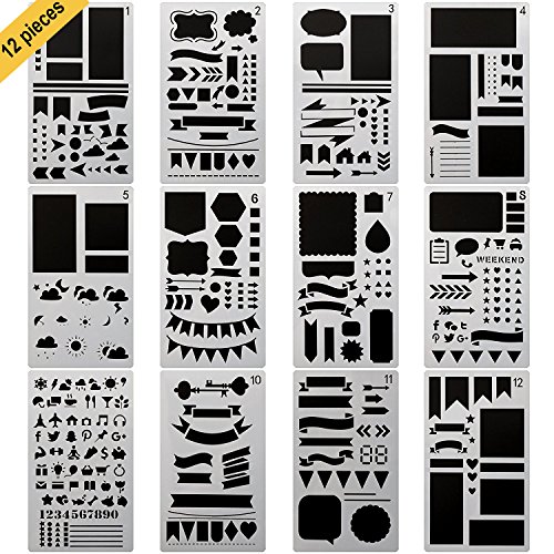 GP Life Bullet Journal Stencil Set, Plastic Drawing Journal Planner for Notebook Diary Scrapbook Craft Projects, Set of 12 Pieces-4×7 Inch