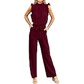 KIRUNDO Jumpsuits For Women Dressy Summer One Piece Sleeveless Ruffle Mock Neck Belt Pockets Formal Wide Leg Pants Romper