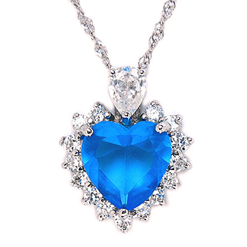 RIZILIA Ocean Heart Pendant with 18" Chain & Heart Cut Gemstones CZ [Aquamarine] in 18K White Gold Plated, Simple Modern Elegance