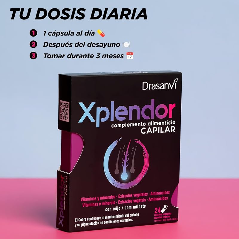 XPLENDOR Capilar con 13 Vitaminas, 4 Minerales, Aminoácidos y Extractos Vegetales | Para el Cabello y su Pigmentación | Con Mijo, rico en Nutrientes y MicroNutrientes |24 Cápsulas = 24 Días