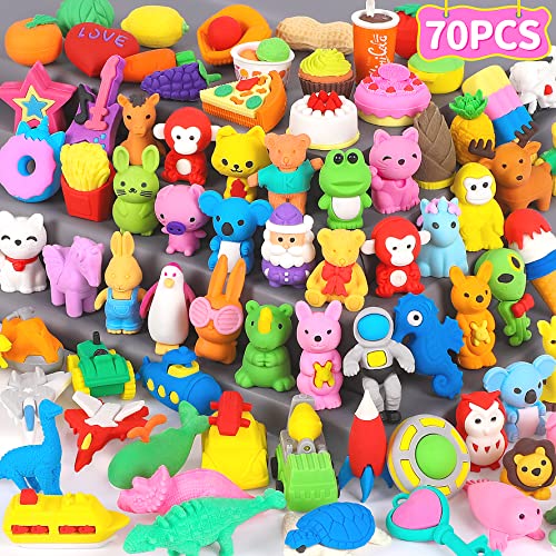 70 Pack Animal Erasers for Kids Bulk Desk Pets Classroom Prizes