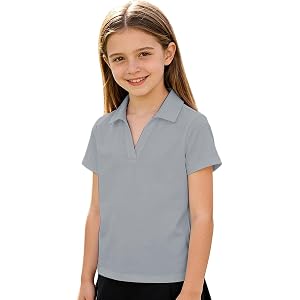 Girls Polo T-Shirts Short Sleeve V Collared Golf Tennis School Uniform T-Shirts Solid Soft Breathable Stretchy Active Shirts