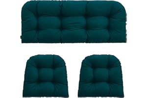 YOOZEKU Outdoor/Indoor All Weather Tufted Wicker Chair Cushions of 3 Pieces, 1 Loveseat and 2 U-Shape Waterproof Cushions for Patio Furniture,Wicker Loveseat,Bench-Dark Green