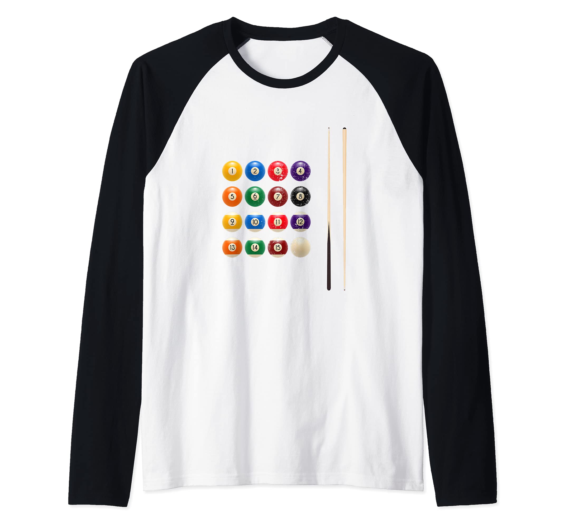 Funny Billiard Balls Cue Stick Rack Pool Player Raglan Baseball Tee