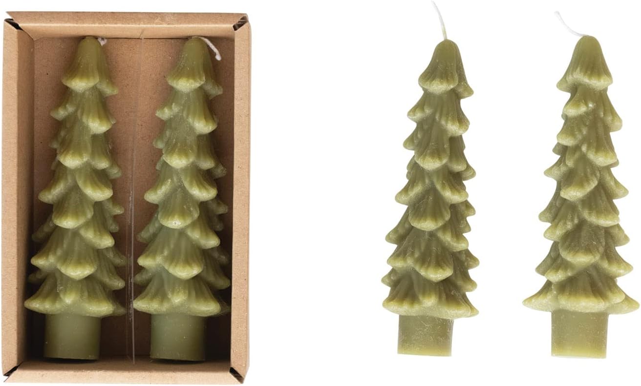 Candles & Holders - Creative Co-Op Unscented Tree Shaped Taper Candles, Cedar Green, Boxed Set Of 2