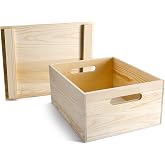 Spiareal Unfinished Wood Box with Lid 15 x 12 x 7'' Wooden Box for Crafts | Pinewood Decorative Box with Hand Holes and Lid Plain Unpainted Wood Storage Bins for Home Decor Kitchen Wine Tool Craft