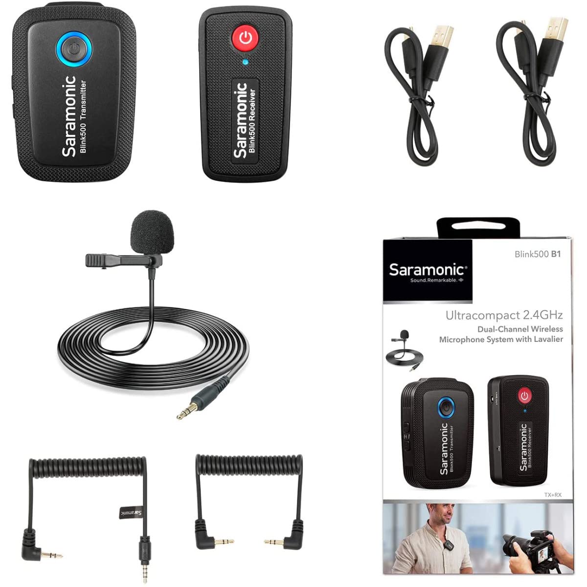 Saramonic Ultracompact 2.4 GHz Wireless Clip-On Mic System w/Lav & Dual-Reciever for Cameras & Mobile (Blink 500 B1)
