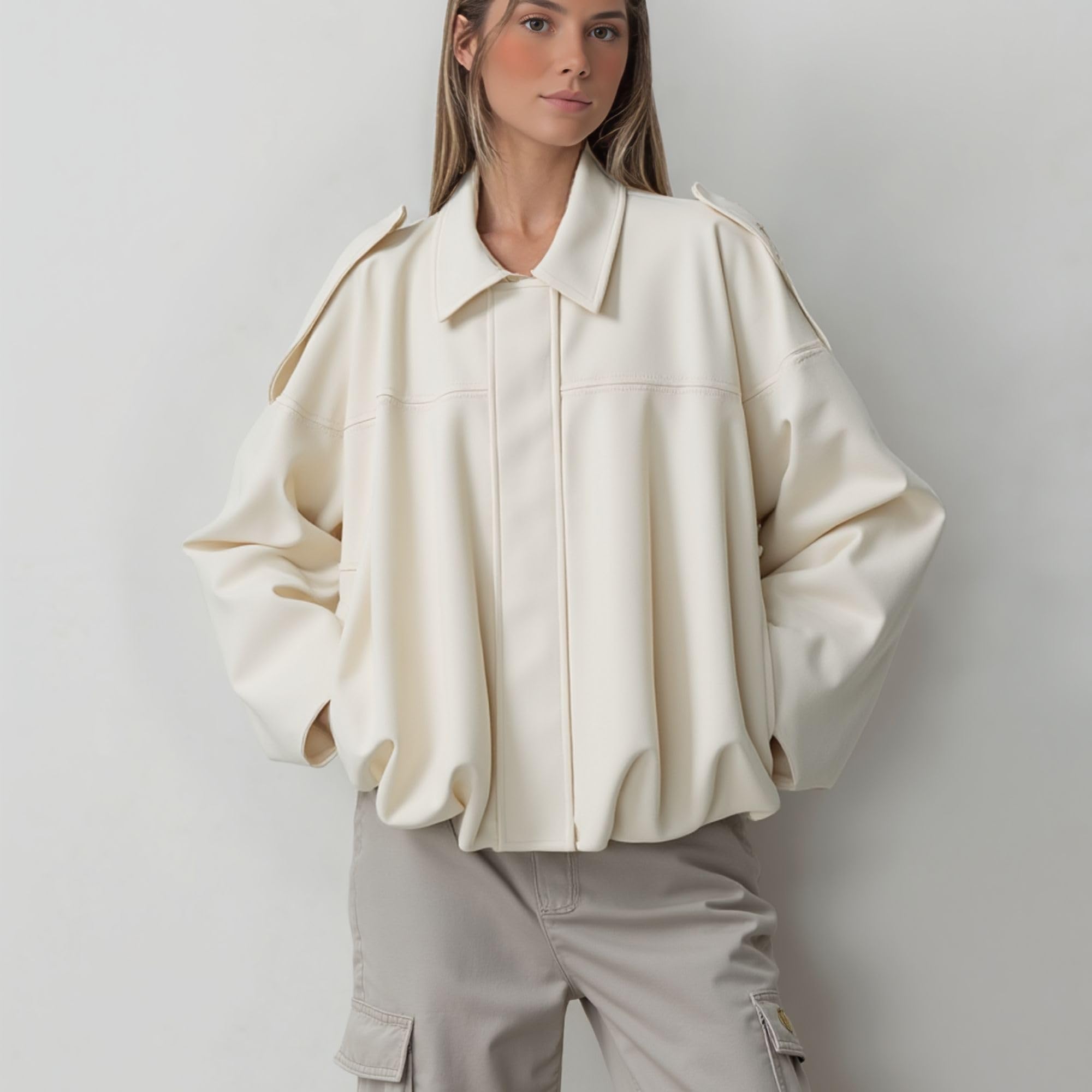 Condition photo showing New/Like New for xunger women's faux suede bomber jacket spring lapel pilot coat casual oversized long sleeves trendy