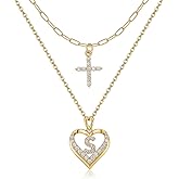 YOVIEE 14K Gold Plated Layering Necklaces,Heart Initial Layered Necklace Cross Pendant Necklace Charm Personalized Stackable Jewelry Gift for Her