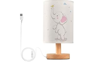 YYZZH Table Lamp Cute Elephant Baby Play Autumn Leaves Rain Cloud Cartoon Animal Nightstand Lamp with Wood Base Fabric Lamp Shade Bedside Desk Lamp for Living Room Bedroom Kids Room Office