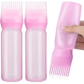Pimoys 2Pcs 6Oz Root Comb Hair Dye Oil Applicator Bottles For Scalp, Pink | Plastic Squeeze Bottle Dispenser with Graduated Scale, Comb Tip Applicator For Hair Coloring Oiling, Home Salon