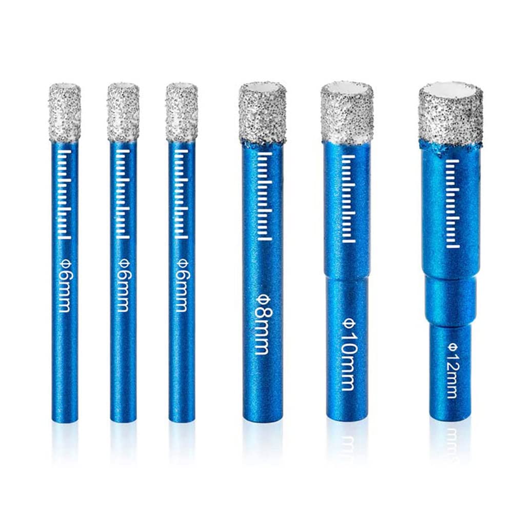 Saipor 6pcs Dry Diamond Drill Bit Set Round Shank Diamond Core Drill Bit Hole Saw Kit for Porcelain Tile Ceramic Granite Marble Glass 6/8/10/12mm