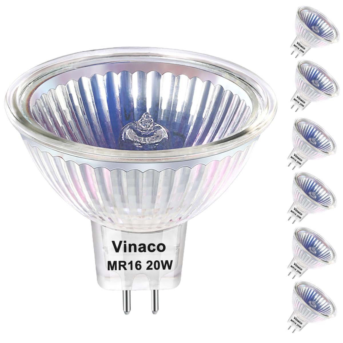 Vinaco GU5.3 Halogen Bulb, 6PCS High Brightness MR16 20W 12V Dimmable, GU5.3 Bulb Long Lifespan with 2800K Warm White, MR16 GU 5.3 Base, 38 Degree Beam Angle MR 16 Bulbs for Landscape, Track Lights