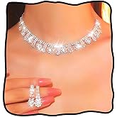 Nicute Rhinestone Necklace Set Sparkly Silver Jewelry Set Wedding Jewelry Sets for Women (Silver)